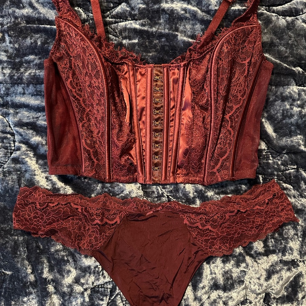 Victoria's Secret Burgundy Lace Bustier & Bikini Set